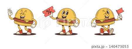 Winking Hamburger Cartoon Character Poses With Coupon And Flag Vector Illustration Set Winking Hamburger Cartoon Character Poses With Coupon And Flag Vector Illustration Set 140473053