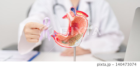 Doctor with Gastric anatomy model and Purple ribbon. November stomach cancer Awareness month, Gastroenterologist consultation, stomach diseases and ulcers, Gastroesophageal Reflux and Acid reflux 140473074