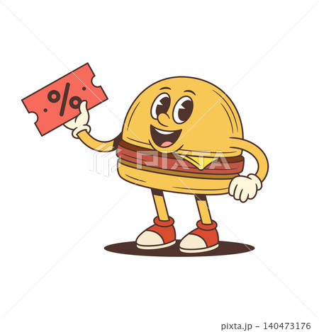 Burger Character Holding Red Discount Coupon Cartoon Vector Illustration 140473176