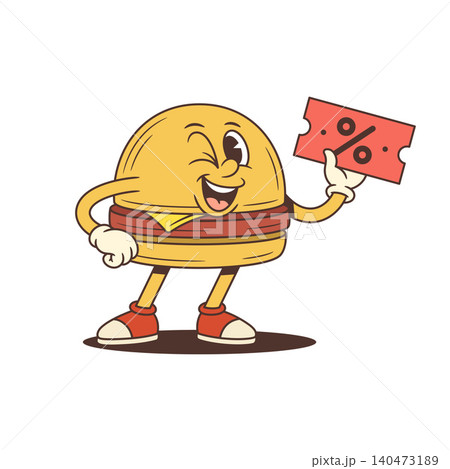 Burger Character Holding Red Discount Coupon Cartoon Vector Illustration 140473189
