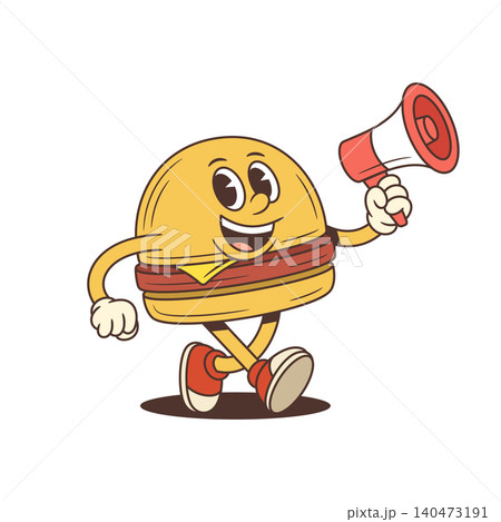 Energetic Cartoon Hamburger Character Walking With Megaphone Vector Illustration 140473191