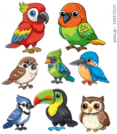 Collection of Eight Cute Cartoon Birds in Vibrant Vector Style 140473225
