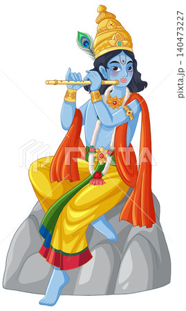 Vector Illustration of Blue Hindu Deity Playing Flute on a Rock Vector Illustration of Blue Hindu Deity Playing Flute on a Rock 140473227