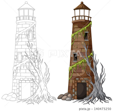 Abandoned Lighthouse Tower with Creeping Roots and Vines 140473250
