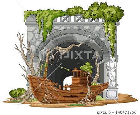 Abandoned Wooden Boat Beside Overgrown Stone Archway 140473256
