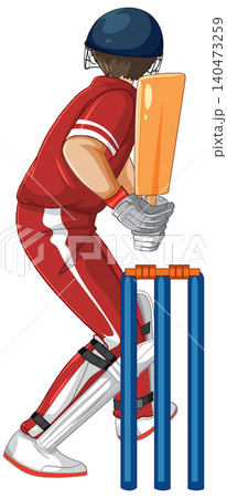 Cricket Batsman in Red Uniform Standing at the Wicket Stumps Cricket Batsman in Red Uniform Standing at the Wicket Stumps 140473259