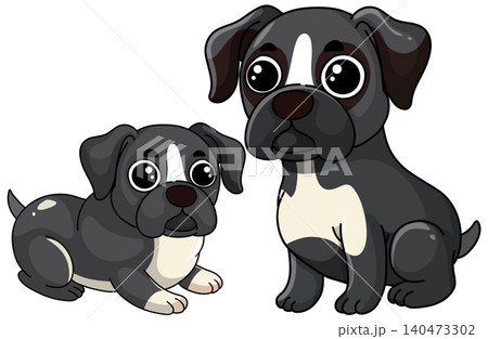 Two Cute Cartoon Boxer Puppies Sitting and Lying Down Together 140473302