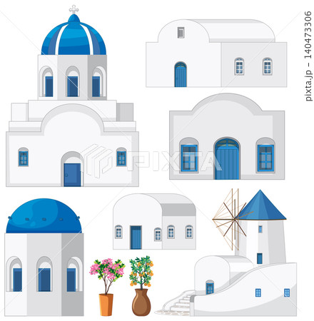 Mediterranean Style White and Blue Architecture Vector Illustration Set 140473306