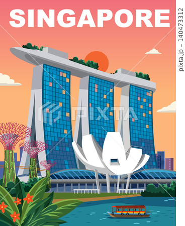 Colorful Singapore Cityscape Illustration with Marina Bay Sands and ArtScience Museum 140473312