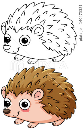 Cute Cartoon Hedgehog Vector Illustration with Coloring Page Version 140473321
