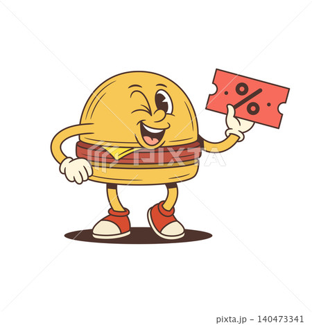 Winking Hamburger With Discount Coupon Cartoon Character Retro Vector Illustration 140473341