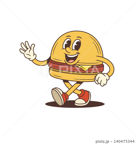 A Happy Walking Hamburger Waving Its Hand Cartoon Character Vector Illustration A Happy Walking Hamburger Waving Its Hand Cartoon Character Vector Illustration 140473344