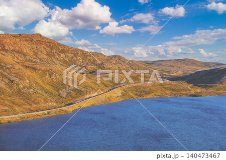 Beautiful lake at sunset. Wild nature Norway. Nordkapp, Mageroya island. Beautiful lake at sunset. Wild nature Norway. Nordkapp, Mageroya island. 140473467