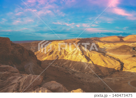 Mountain nature landscape. View of the valley from the mount. Desert in the early morning. The Judaean Desert. Landscape in Dead sea region. Nature Israel 140473475