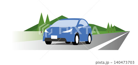 山の見える田舎道を自動車でドライブするイラスト 140473703