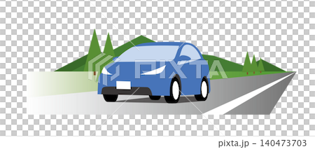 山の見える田舎道を自動車でドライブするイラスト 140473703