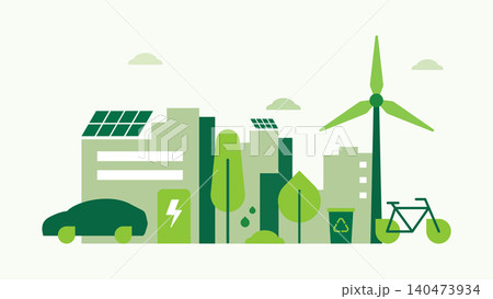 Green Smart City Sustainable. Eco friendly, green energy, environment, modern city. Zero emissions and pollution. Sustainable transportation. Vector illustration Green Smart City Sustainable. Eco friendly, green energy, environment, modern city. Zero emissions and pollution. Sustainable transportation. Vector illustration 140473934
