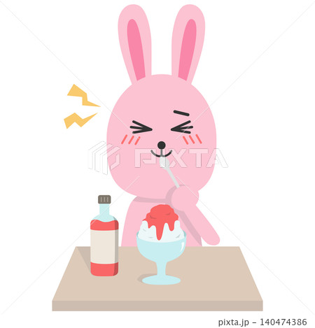 イチゴ味のかき氷を食べるウサギのイラスト イチゴ味のかき氷を食べるウサギのイラスト 140474386