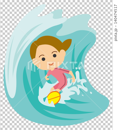 An illustration of a woman smiling while surfing. An illustration of a woman smiling while surfing. 140474517