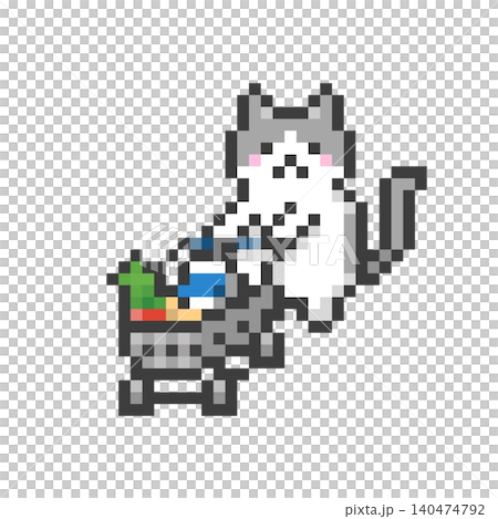 A calico cat pushing a pixelated shopping cart A calico cat pushing a pixelated shopping cart 140474792
