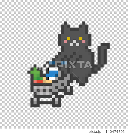 A black cat pushing a pixel art shopping cart A black cat pushing a pixel art shopping cart 140474793