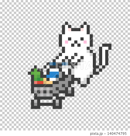 A white cat pushing a pixel art shopping cart A white cat pushing a pixel art shopping cart 140474795