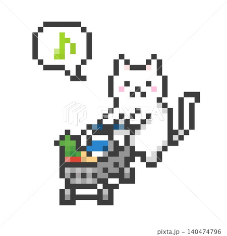ドット絵のショッピングカートを押す白猫 ドット絵のショッピングカートを押す白猫 140474796