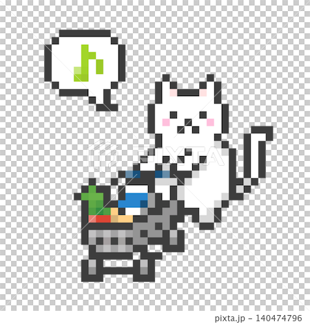 ドット絵のショッピングカートを押す白猫 ドット絵のショッピングカートを押す白猫 140474796