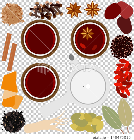 Illustrations of a teacup and teapot inspired by medicinal herbal tea. 140475016