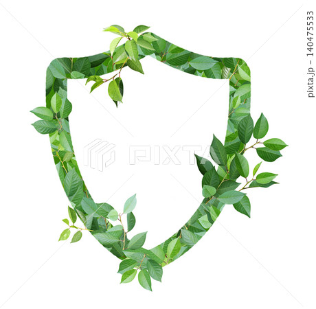 Shield made from green leaves. Safety, ecology, global ecological resource, go green concept. Environmental conservation, wildlife protection, Eco-friendly, Green Energy. Isolated on white background Shield made from green leaves. Safety, ecology, global ecological resource, go green concept. Environmental conservation, wildlife protection, Eco-friendly, Green Energy. Isolated on white background 140475533