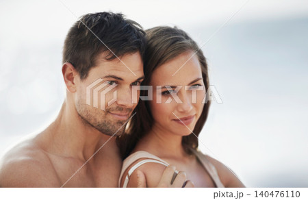 Couple, thinking and outdoor in summer with love in embrace on vacation or holiday. Future, travel and man hug woman with care, support and kindness in marriage and planning ideas for adventure 140476110