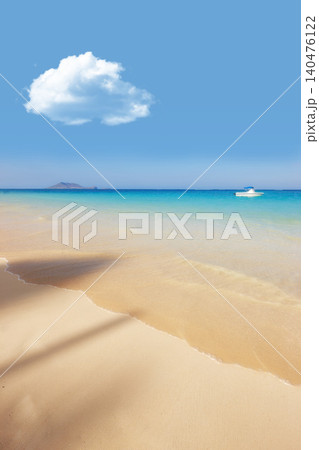 Sea, boat and blue sky for holiday, sand and rocks in Hawaii for peace and tranquility. Seaside, waves and summer for vacation, location and beach for clear water on travel and tropical trip by ocean Sea, boat and blue sky for holiday, sand and rocks in Hawaii for peace and tranquility. Seaside, waves and summer for vacation, location and beach for clear water on travel and tropical trip by ocean 140476122