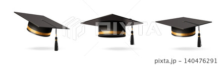 Realistic black mortar boards with golden tassels 140476291