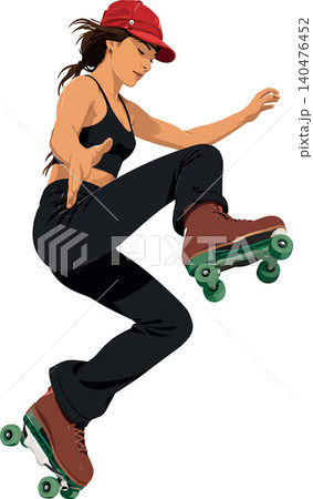 Vsai young woman roller skating jumping celebrating freedom 140476452
