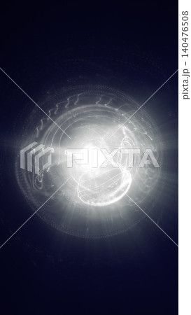 Bright white energy vortex with glowing circular trails, particles, and radiant center on a dark blue abstract background. 140476508