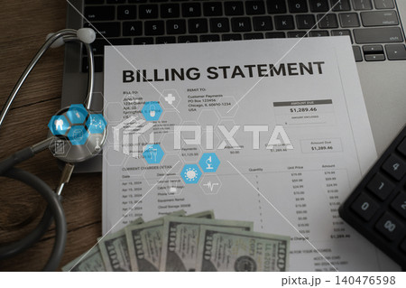 Medical billing statement with stethoscope, cash, calculator, and healthcare icons on a laptop, illustrating healthcare expenses, medical payment processing, insurance reimbursement, and financial 140476598