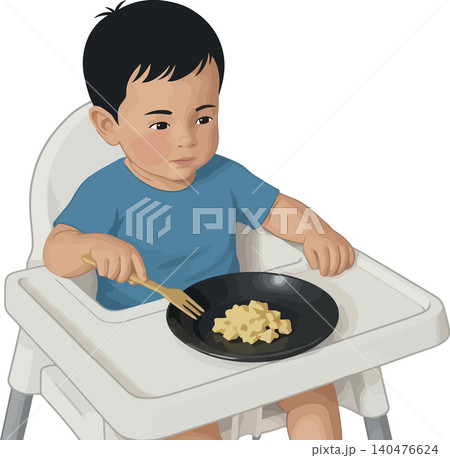 Vsai toddler learning independent eating using fork in high chair Vsai toddler learning independent eating using fork in high chair 140476624