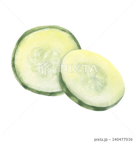 Thin cucumber slices. Hand-painted watercolor illustration isolated on white for healthy food branding, salad recipes, detox design, restaurant menus, packaging, wellness, cosmetics, culinary projects Thin cucumber slices. Hand-painted watercolor illustration isolated on white for healthy food branding, salad recipes, detox design, restaurant menus, packaging, wellness, cosmetics, culinary projects 140477016