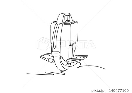 Continuous one line drawing rugged electric unicycle, detailing its boxy battery body casing, ergonomic top carry handle, sturdy folding footplates. Single line draw design vector graphic illustration 140477100