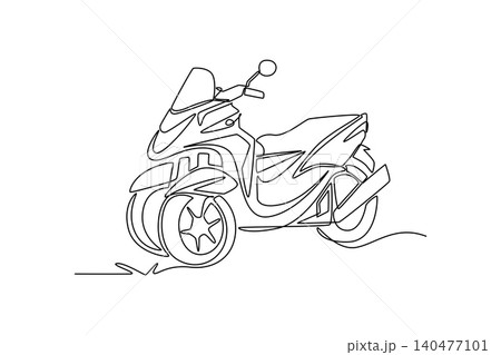 Single continuous line drawing a three wheeled scooter maxi bike, showcasing its dual front tires, windshield, and aerodynamic body for city transport. One line draw graphic design vector illustration 140477101
