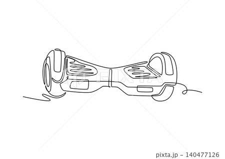 Continuous one line drawing self-balancing smart electric hoverboard from front view perspective, detailing its symmetrical footpads and dual tires. Single line draw design vector graphic illustration 140477126