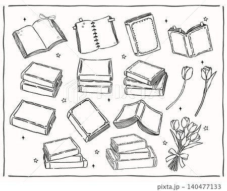 Retro bookish books outline line art hand drawn sketchy doodle set with loose wobbly ink outlines and whimsical bookish aesthetic Retro bookish books outline line art hand drawn sketchy doodle set with loose wobbly ink outlines and whimsical bookish aesthetic 140477133