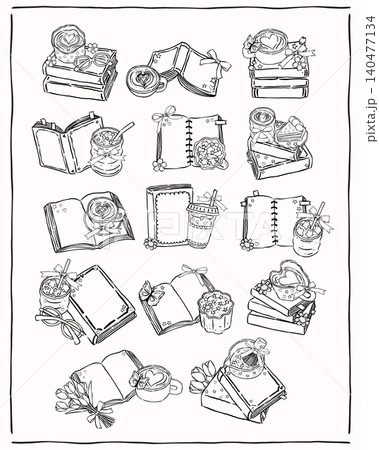 Whimsy matcha bookish outline hand drawn sketchy line art doodle set with whimsical wobbly lines coquette bows and playful girly aesthetic Whimsy matcha bookish outline hand drawn sketchy line art doodle set with whimsical wobbly lines coquette bows and playful girly aesthetic 140477134