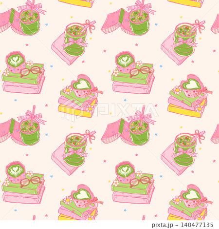 Whimsy matcha latte Bookish seamless pattern with Gingham Bow Coquette hand drawn doodles and cute aesthetic green tea illustrations isolated on background Whimsy matcha latte Bookish seamless pattern with Gingham Bow Coquette hand drawn doodles and cute aesthetic green tea illustrations isolated on background 140477135