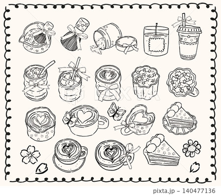 Whimsy matcha line art hand drawn sketchy doodle set with whimsical wobbly lines coquette bows and playful girly aesthetic 140477136