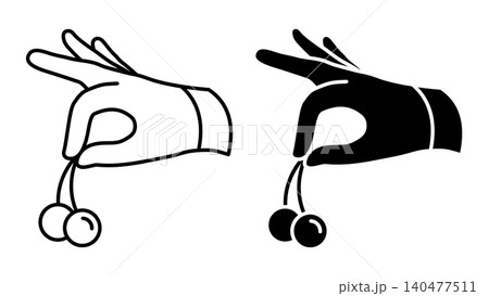 Linear icon. Hand holds a cherry and places it on top of the cake. Simple black and white vector symbol isolated on white background 140477511