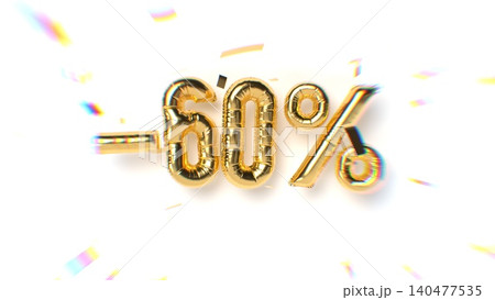 Golden 3D balloon numbers forming -60 percent on white background with festive confetti and glow effect. Big discount or sale event. 3d rendering illustration. 140477535