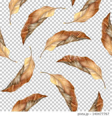 Watercolor seamless pattern with scattered dried autumn leaves (beech tree) in warm brown and beige tones. Ideal for textiles, wrapping paper, stationery, packaging, wallpapers and seasonal decor. 140477767