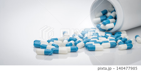 Blue-white antibiotic capsule pills spread out of plastic drug bottles. Antibiotic drug resistance. Prescription drugs. Healthcare and medicine. Pharmaceutical industry. Pharmacy product. Medication. 140477985