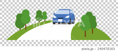 一幅描繪駕車行駛在綠樹環繞的鄉村道路上的插圖。 一幅描繪駕車行駛在綠樹環繞的鄉村道路上的插圖。 140478163